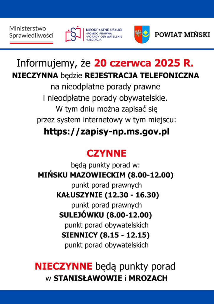 Grafika informuje o zamkniętej rejestracji telefonicznej 20 czerwca 2025. U góry logo instytucji, poniżej szczegóły otwartych punktów pomocy. Tło jest białe z niebieskimi i czerwonymi akcentami.