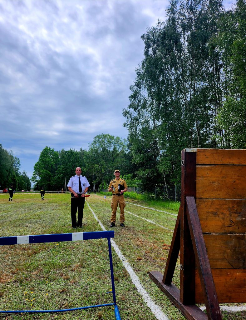 Na obrazie znajdują się dwie osoby na trawiastej ścieżce w otoczeniu drzew. Jedna z nich jest w mundurze, druga w białej koszuli i krawacie. Po prawej stronie stoi drewniany płotek.