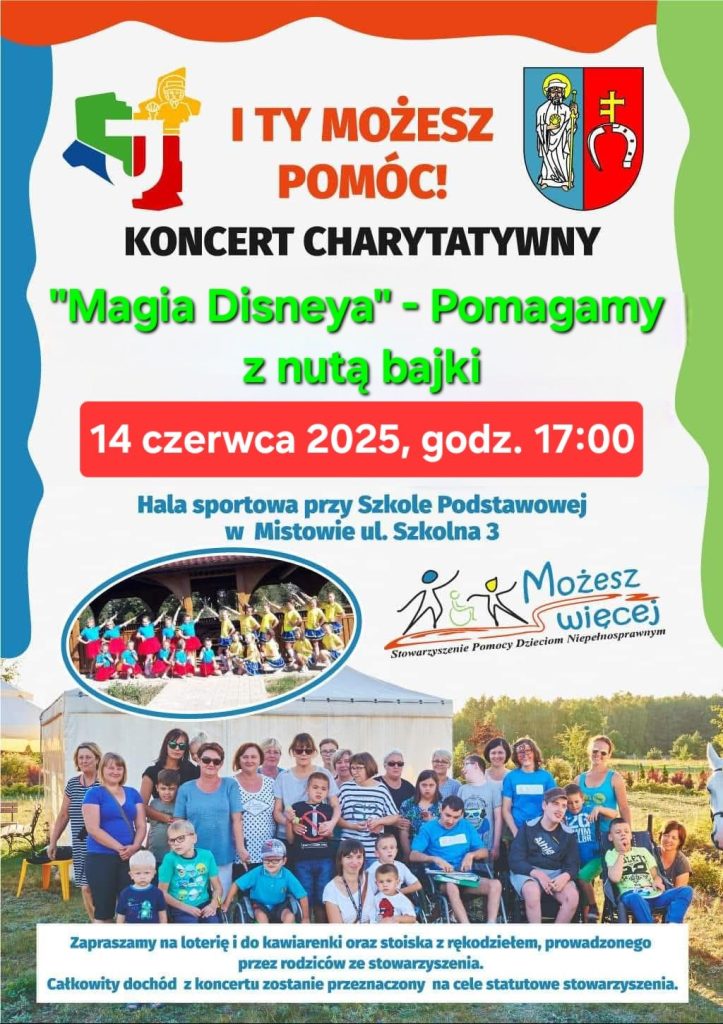 Plakat promujący koncert charytatywny Magia Disneya. Kolory: czerwony, niebieski, zielony, biały. Tło z grupą osób na tle natury.