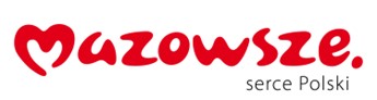 Logo „Mazowsze. serce Polski” w czerwonym kolorze na białym tle. Napis jest stylizowany, a litera „M” przypomina serce.