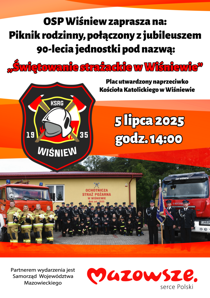 Plakat promuje rodzinny piknik strażacki z okazji 90-lecia OSP Wiśniew. Dominują kolory czerwony, biały i czarny. Zdjęcie strażaków i logo KSRG.