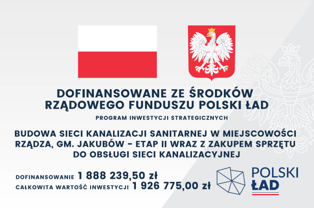 Flagi Polski i godło na górze, z tekstem o dofinansowaniu z Polskiego Ładu na środku. Tło jasnoszare. Na dole logo Polski Ład i kwoty inwestycji.