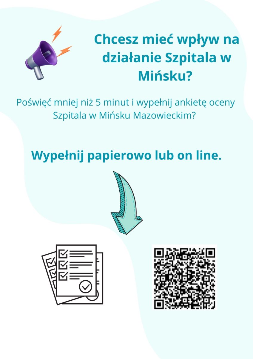Plakat na jasnym tle zachęca do udziału w ankiecie na temat szpitala w Mińsku. Widoczny jest megafon, strzałka, formularze i kod QR. Tekst i grafika są w odcieniach niebieskiego i fioletowego.