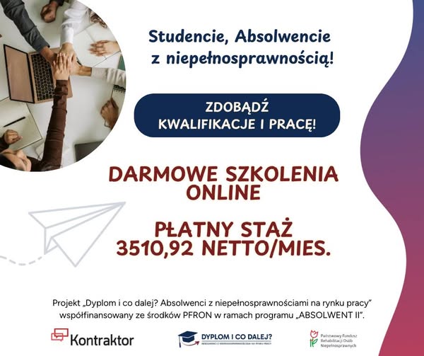 Studenci łączą ręce przy laptopie. Tekst o darmowych szkoleniach online i płatnym stażu. Tło w odcieniach fioletu i bieli.