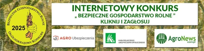 Baner konkursu Bezpieczne Gospodarstwo Rolne 2025. Żółte logo na tle zielonych kłosów. Logotypy Agro Ubezpieczenia i AgroNews.