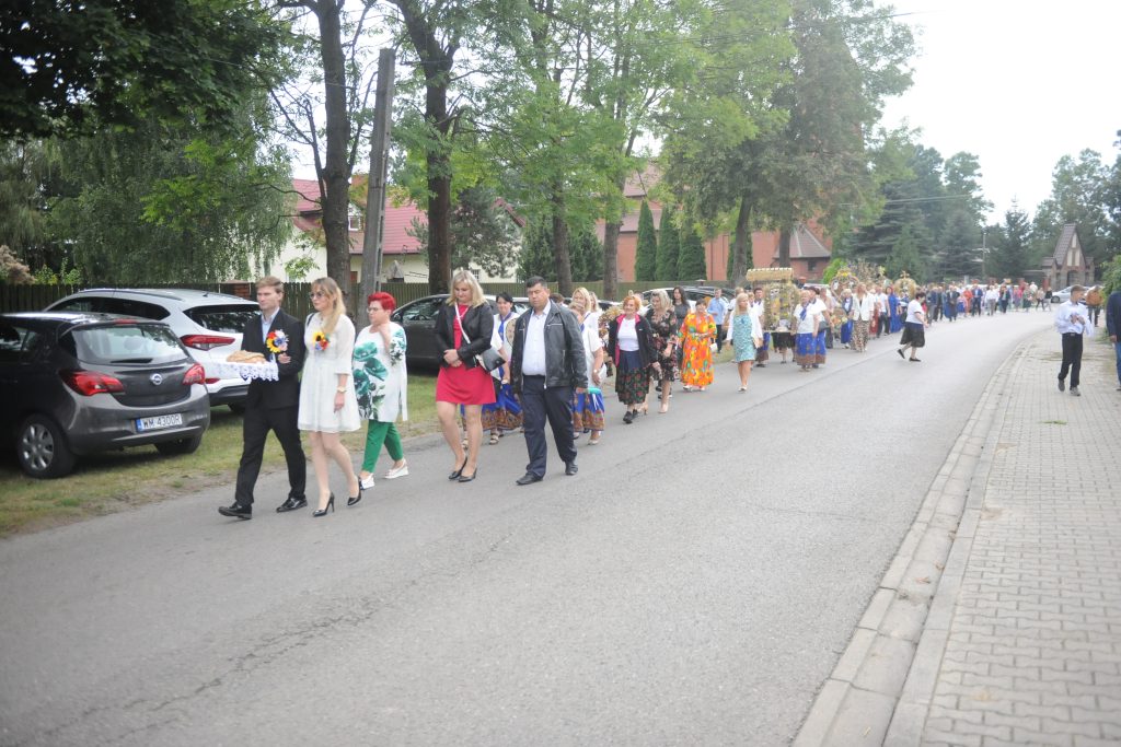 Grupa ludzi maszeruje ulicą, nosząc kolorowe stroje. W tle drzewa, domy i zaparkowane samochody. Atmosfera przypomina procesję lub święto.