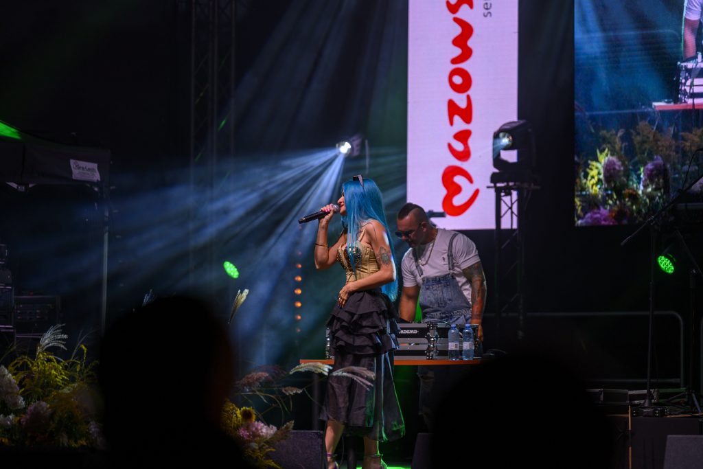 Na scenie kobieta z niebieskimi włosami śpiewa do mikrofonu. Obok niej DJ z konsolą. Tło jest ciemne, oświetlone kolorowymi światłami.