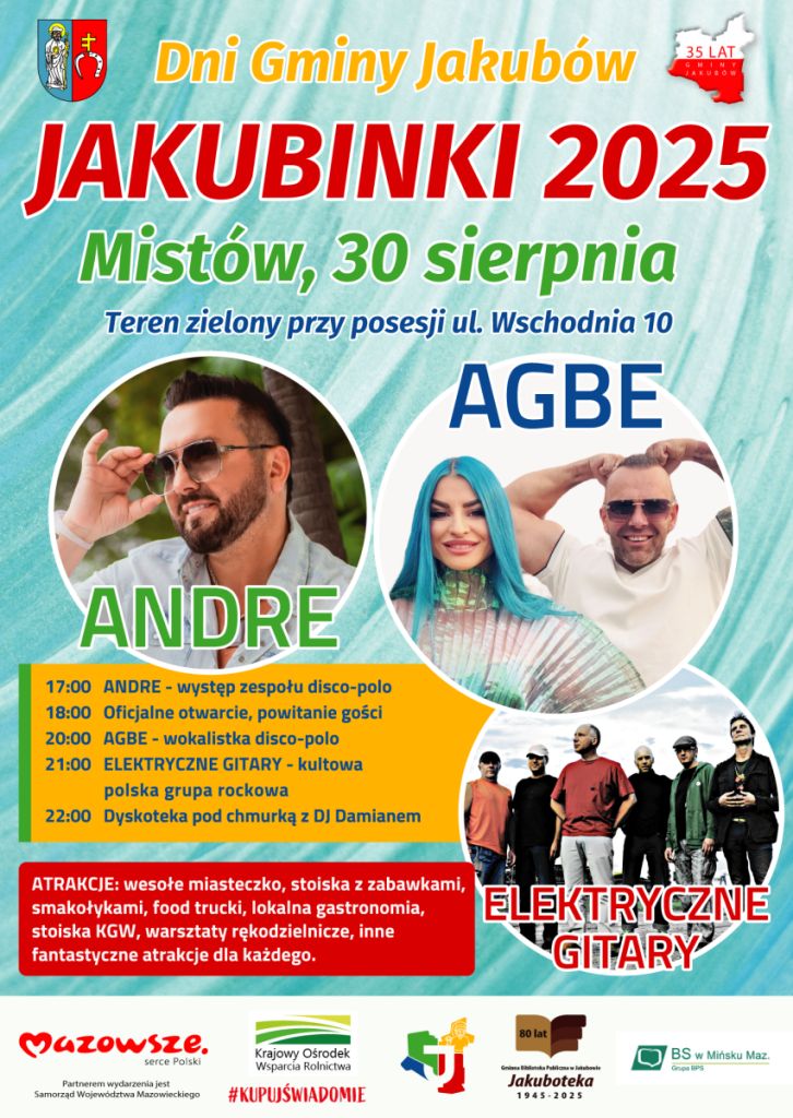 Plakat promuje wydarzenie Jakubinki 2025. Tło jest jasnozielone z kolorowymi napisami. Widać zdjęcia artystów i harmonogram koncertów.