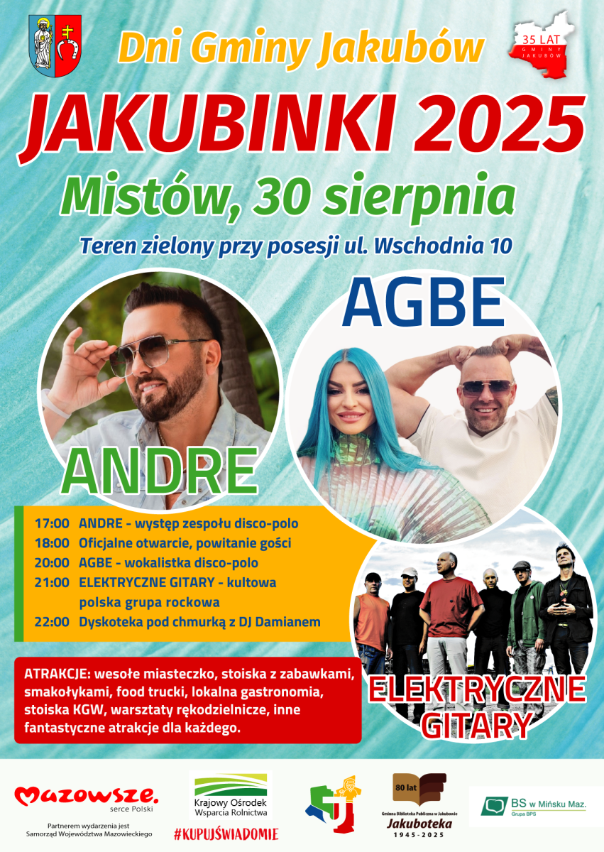 Plakat promuje wydarzenie Jakubinki 2025. Tło jest jasnozielone z kolorowymi napisami. Widać zdjęcia artystów i harmonogram koncertów.