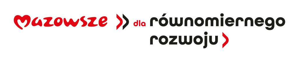 Czerwony napis Mazowsze na białym tle. Obok czarne słowa dla równomiernego rozwoju. Po środku strzałki: czerwona i czarna.