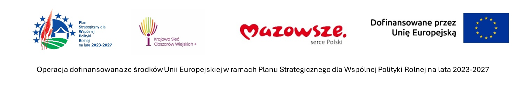 Pięć obok siebie logo: Plan Strategiczny, Krajowa Sieć Obszarów Wiejskich, Mazowsze, UE. Białe tło.
