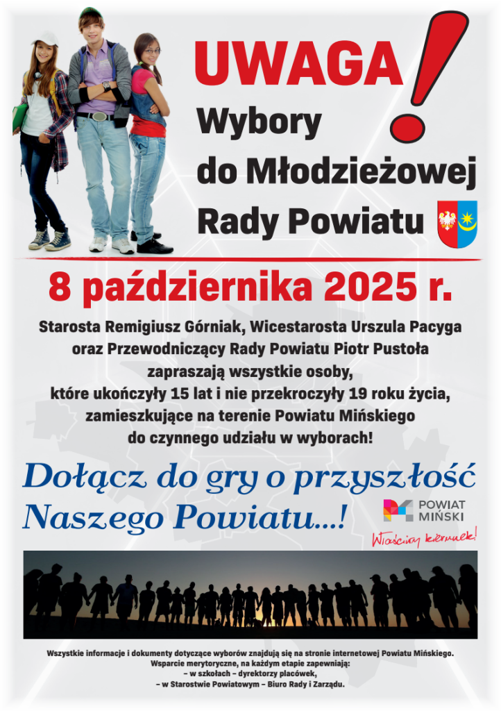 Plakat informuje o wyborach do Młodzieżowej Rady Powiatu na 8 października 2025. Na górze trójka młodych osób, tło białe, napisy czerwone i czarne. Na dole sylwetki ludzi na tle zachodzącego sło