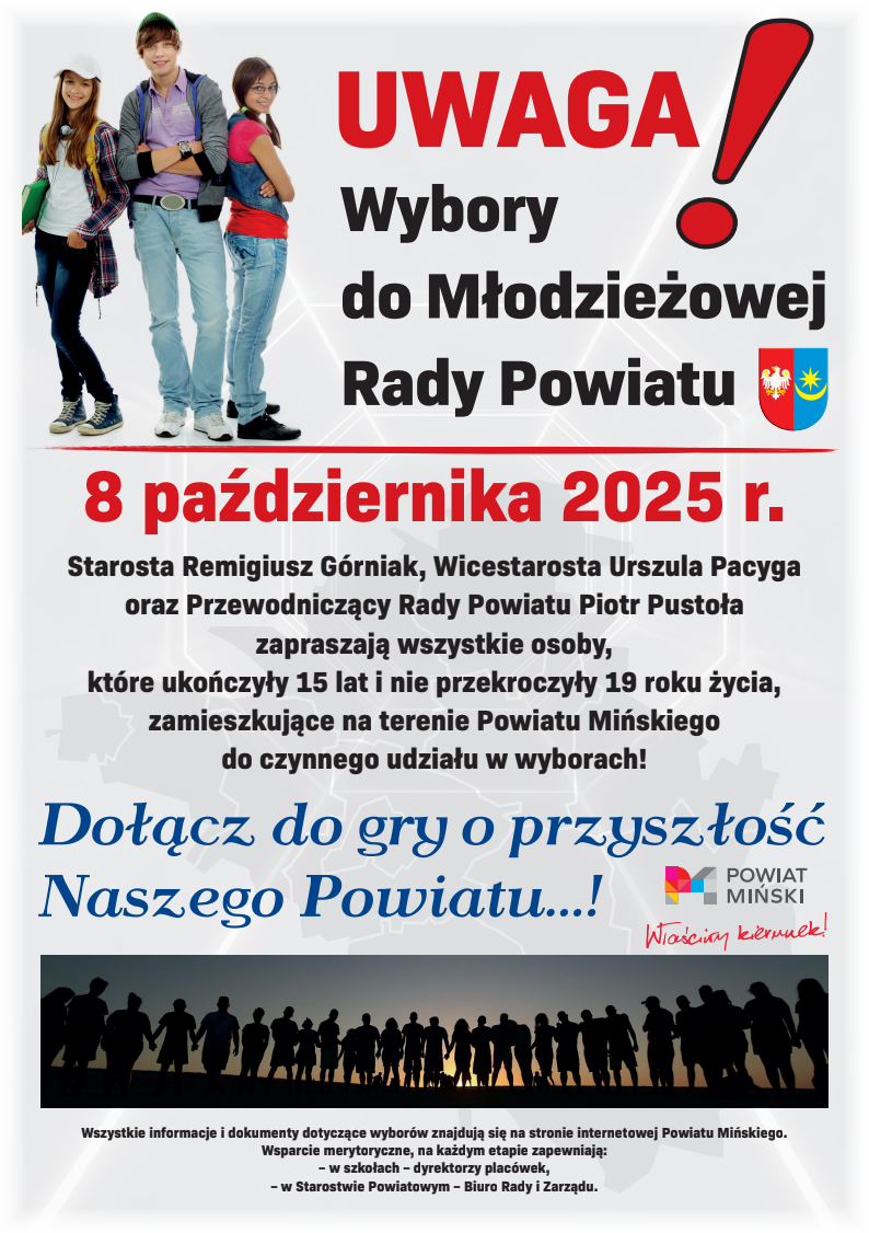 Plakat informuje o wyborach do Młodzieżowej Rady Powiatu na 8 października 2025. Na górze trójka młodych osób, tło białe, napisy czerwone i czarne. Na dole sylwetki ludzi na tle zachodzącego sło