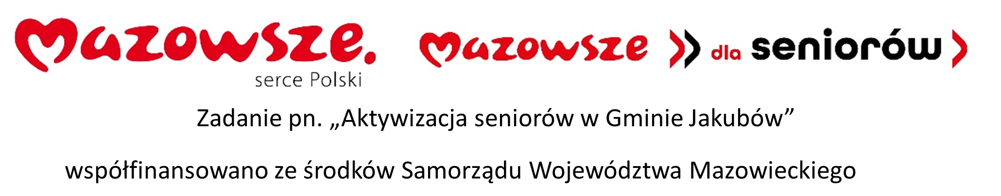 Baner promocyjny wydarzenia dla seniorów z logo Mazowsza w czerwieni. Tło białe, tekst czarny. Zawiera informacje o współfinansowaniu.