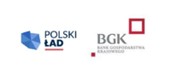 Logo Polski Ład z niebieskim heksagonem i BGK z czerwonym kwadratem na białym tle.