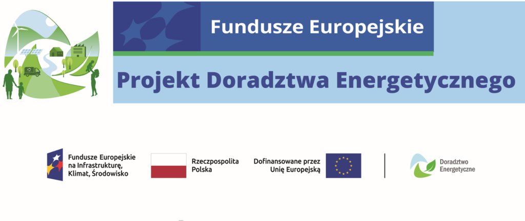 Grafika promuje Fundusze Europejskie, Projekt Doradztwa Energetycznego. Widoczne są loga Funduszy, Polski i UE. Kolory niebieski i zielony dominują na tle.