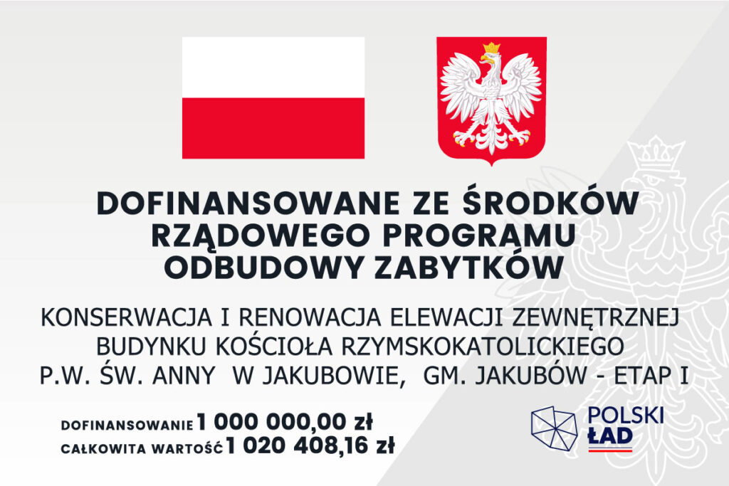 Flaga Polski i herb na białym tle. Tekst informuje o dofinansowaniu konserwacji kościoła. Logo Polski Ład na dole.