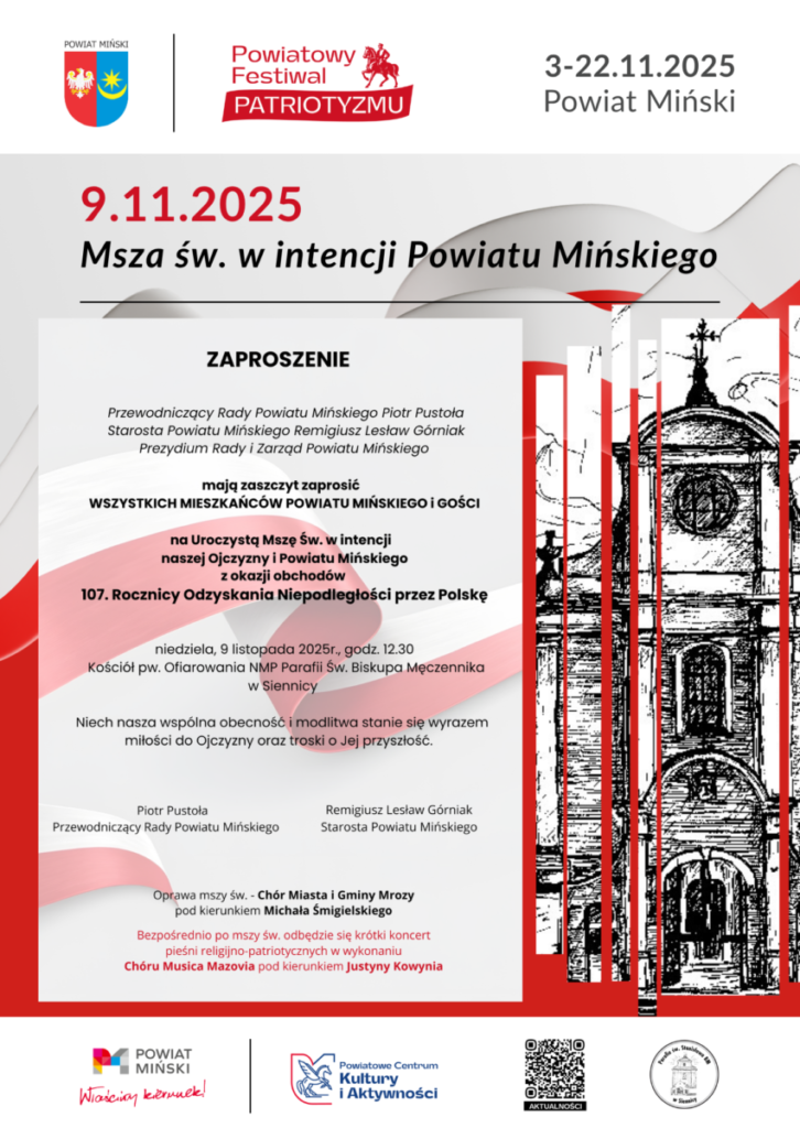 Zaproszenie na Mszę św. 9.11.2025 dla Powiatu Mińskiego. Kolory: biały, czerwony, czarny. Tło szare z ilustracją budynku.