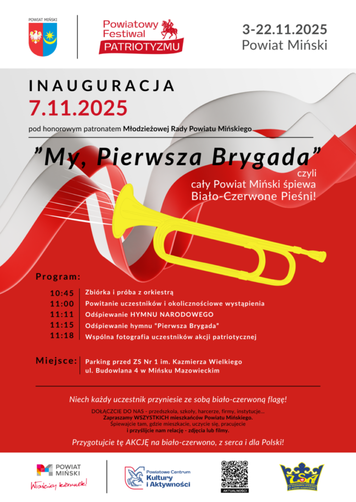 Plakat festiwalu patriotycznego z białą i czerwoną flagą tłem, żółtą trąbką, czerwonymi napisami. Data: 7.11.2025.
