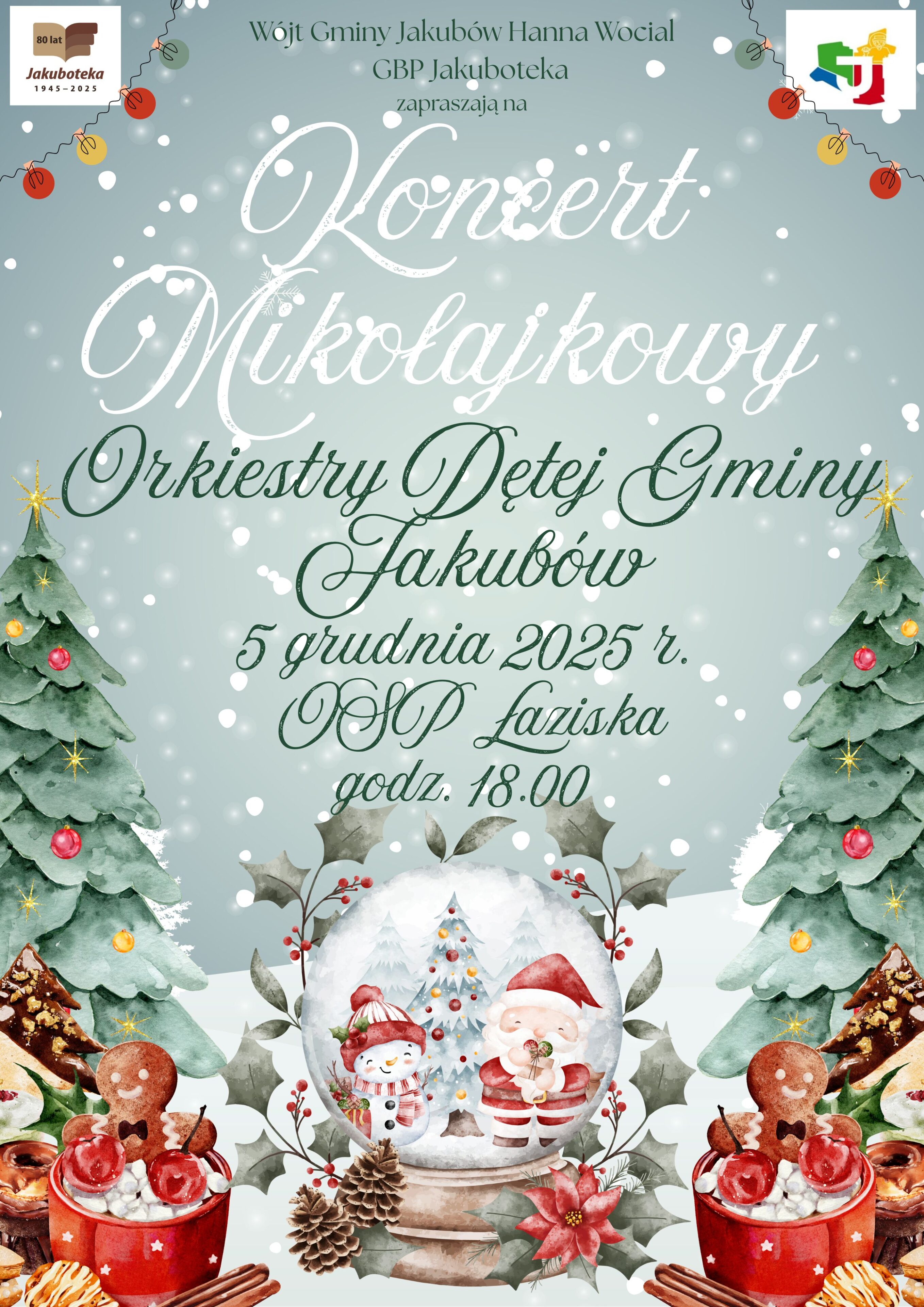 Plakat promujący koncert mikołajkowy z bożonarodzeniowymi motywami: choinki, bombki i śniegowe tło.