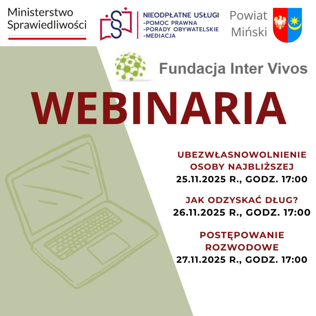 Grafika informuje o webinarach Fundacji Inter Vivos. W tle zielony zarys laptopa, na białym tle czerwone napisy. Dotyczy kwestii prawnych.