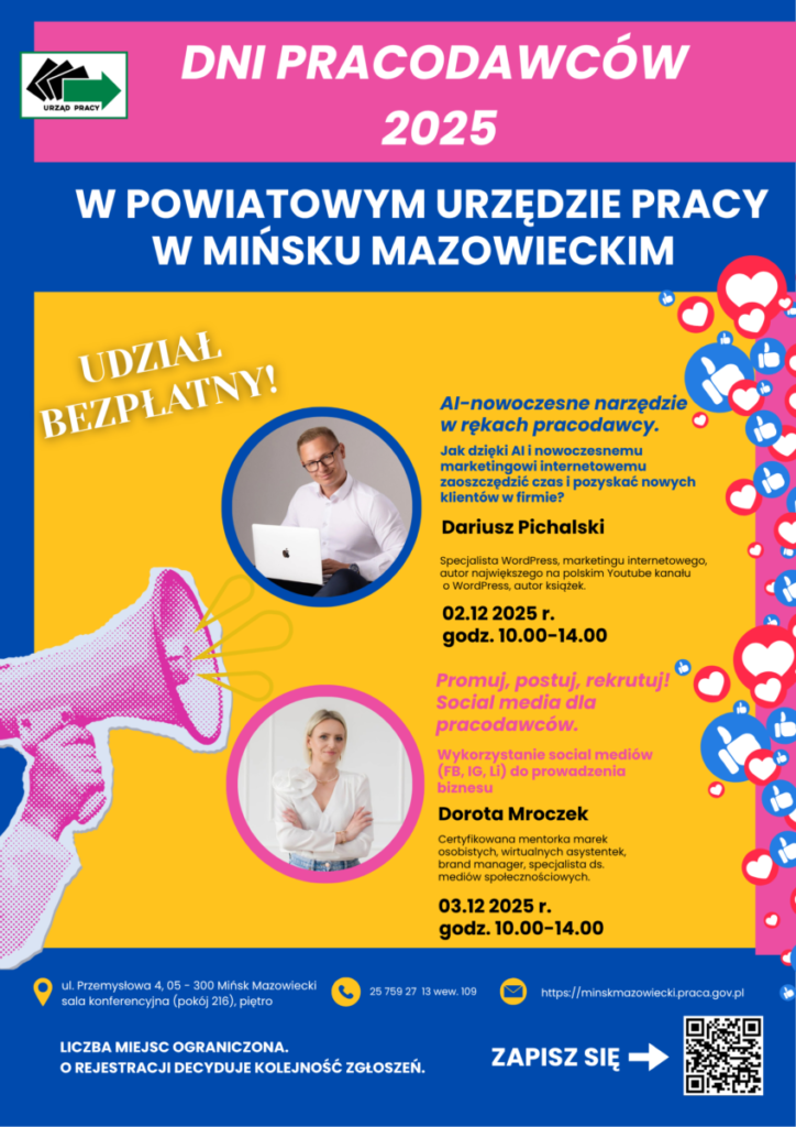 Plakat informuje o Dniach Pracodawców 2025 w Mińsku Mazowieckim. Dominują kolory różowy, niebieski i żółty. Po prawej widoczne są ikony serc i kciuków.