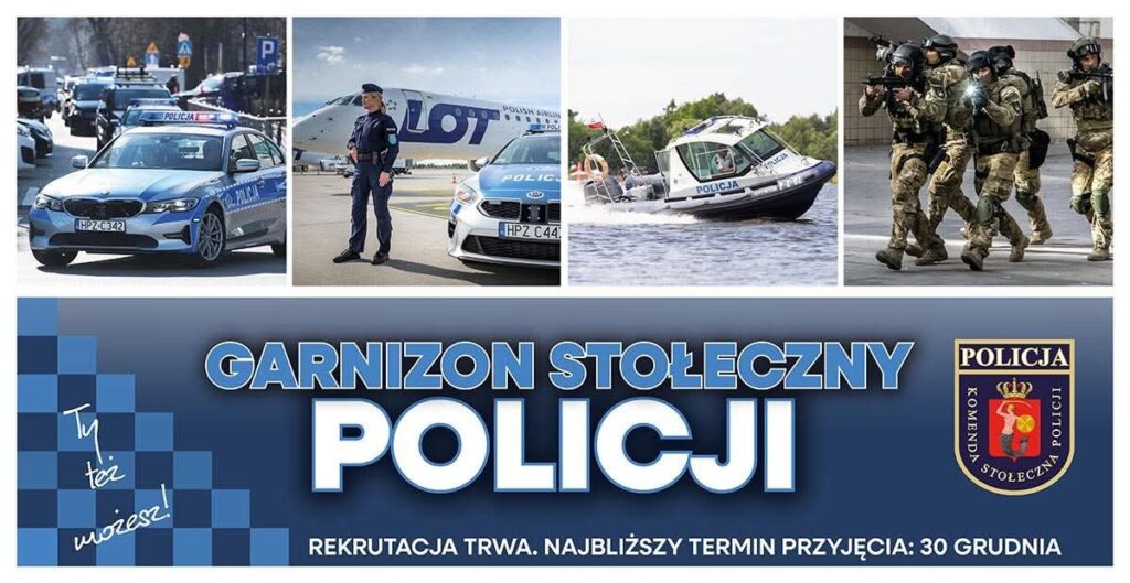 Baner przedstawia polskie siły policyjne: samochody, łódki i funkcjonariuszy. Kolory niebieski i biały, tło miejskie i przyrodnicze. Tekst zachęca do rekrutacji z datą 30 grudnia.