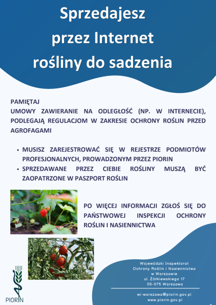 Plakat informuje o sprzedaży roślin przez internet. Tło jest niebieskie z białym tekstem. Widoczne są zdjęcia truskawek i pomidorów.