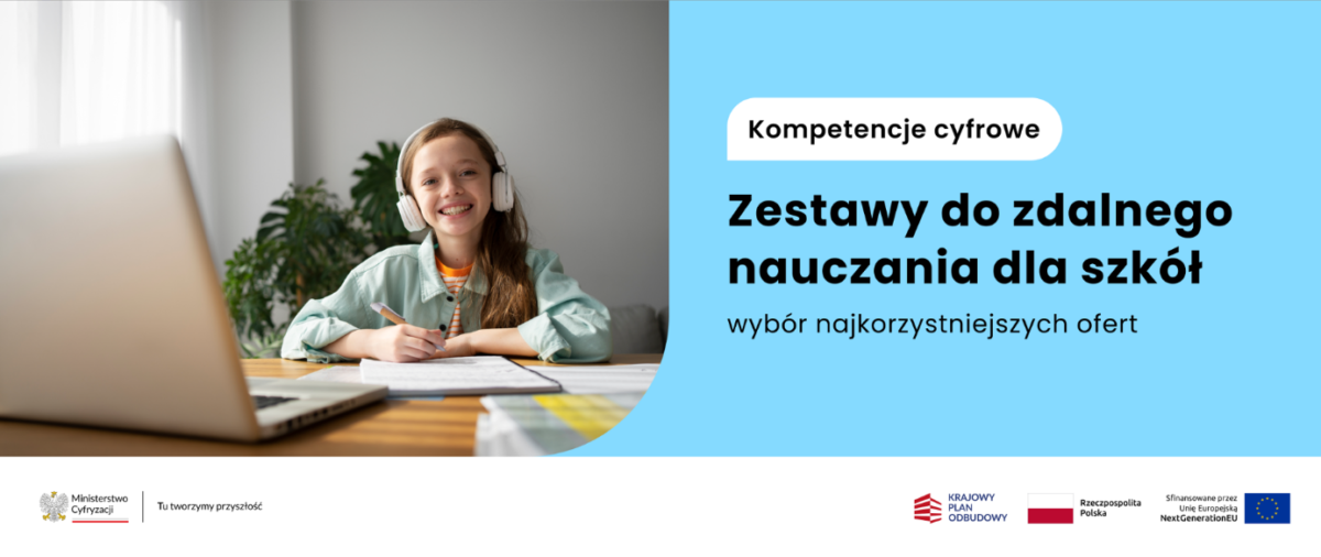 Dziewczynka z słuchawkami siedzi przy biurku z laptopem, tło z rośliną. Obok niebieskie tło z tekstem o zdalnym nauczaniu.