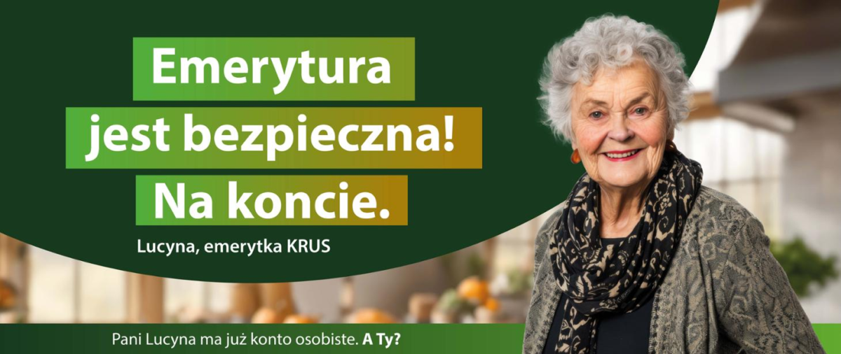 Starsza kobieta z uśmiechem na tle wnętrza. Na zielonym tle napis Emerytura jest bezpieczna!. Kontrastowe kolory przyciągają wzrok.
