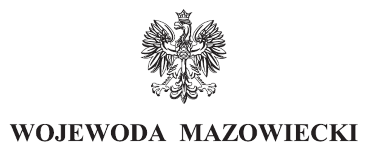Herb Polski z białym orłem w koronie na czarnym obrysie. Pod orłem napis Wojewoda Mazowiecki. Tło jest białe.