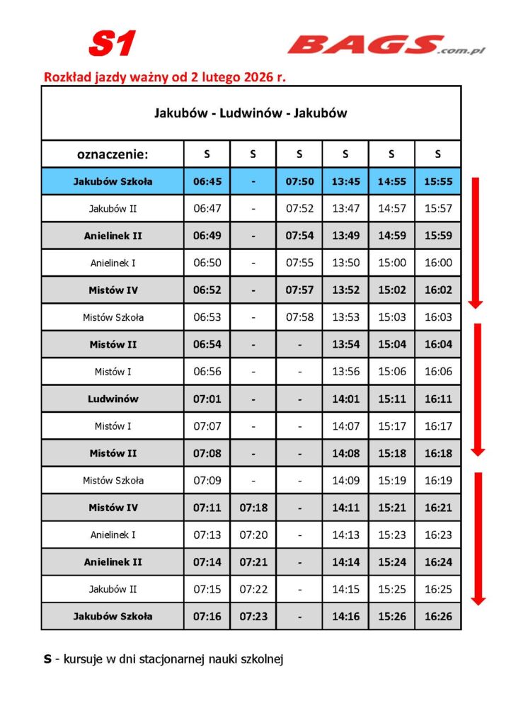 Rozkład jazdy autobusu S1 od 2 lutego 2026 r. na trasie Jakubów-Ludwinów-Jakubów. Tabela z godzinami odjazdów, wyróżnione czasy w szarych wierszach. Tło białe, tytuł i ozn