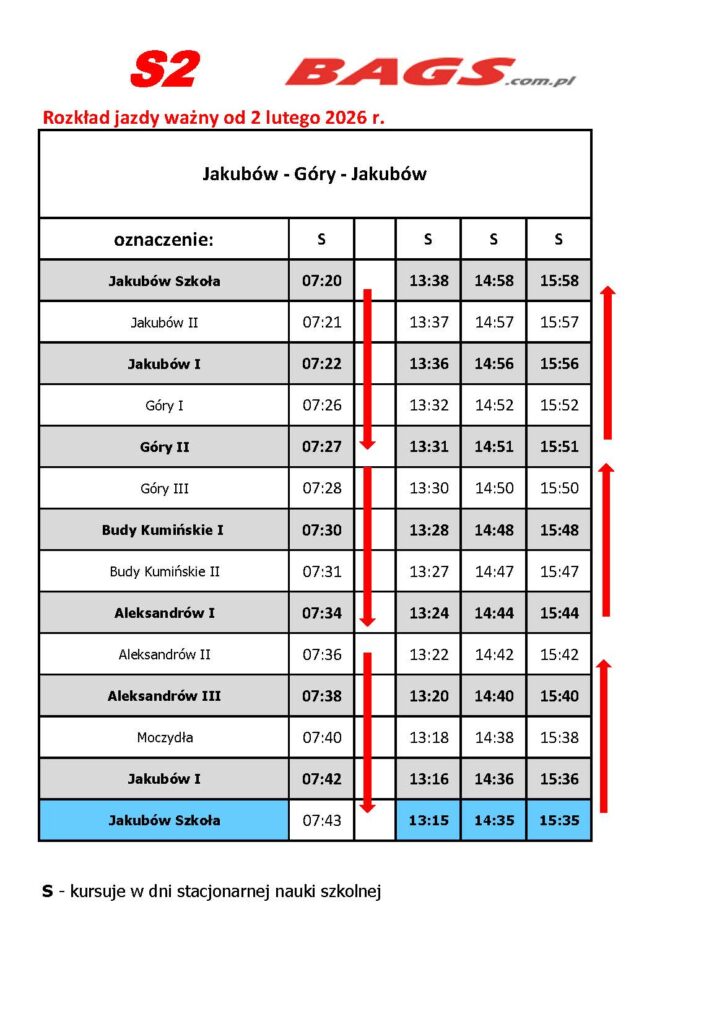 To jest rozkład jazdy autobusu na trasie Jakubów-Góry-Jakubów, zaczynający się od lutego 2026. Tło tabeli jest białe z szarymi i niebieskimi wierszami, a czas odjazdu zaznaczony jest w kolumnach.