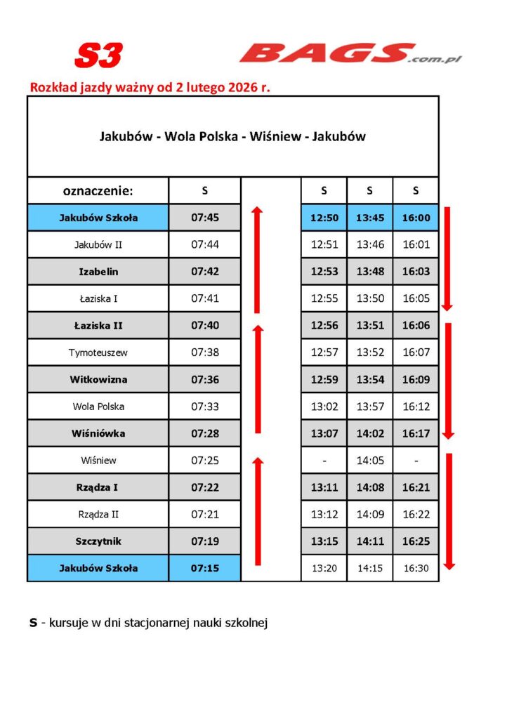Rozkład jazdy autobusu S3 z Jakubowa do Wiśniewa. Tabela na białym tle z niebieskimi i szarymi wierszami. Godziny odjazdów w dwóch kolumnach z oznaczeniem S.