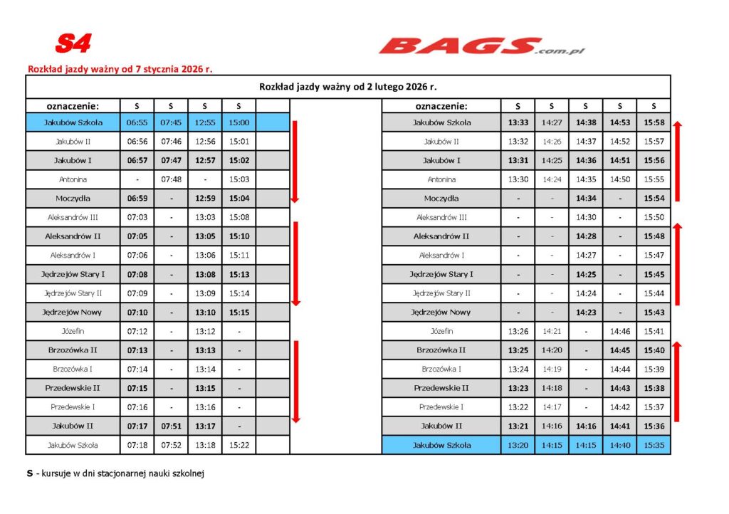 Plan jazdy linii S4 z tabelami kursów dla stycznia i lutego 2026. Kolory to czerwony, czarny i niebieski, z białym tłem. Czerwone strzałki wskazują kierunki kursów.