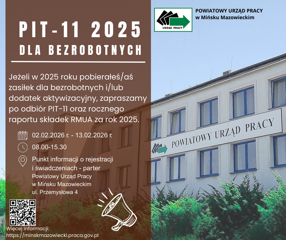 Plakat informuje o odbiorze PIT-11 dla bezrobotnych. Po lewej brązowy panel z białym tekstem, po prawej zdjęcie budynku Powiatowego Urzędu Pracy z logo.