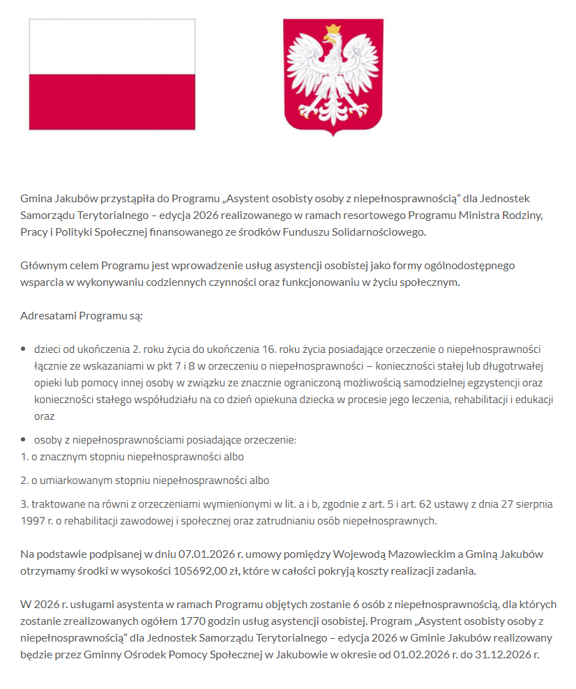 Obraz przedstawia flagę Polski i herb z białym orłem na czerwonym tle. Poniżej znajduje się tekst opisujący program asystenta osobistego dla osób z niepełnosprawnościami. Tło jest białe, a tekst czarny.
