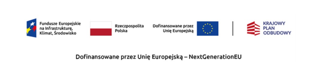 Na białym tle logo Funduszy Europejskich, flagi Polski i Unii Europejskiej. Obok napis „Dofinansowane przez Unię Europejską”.