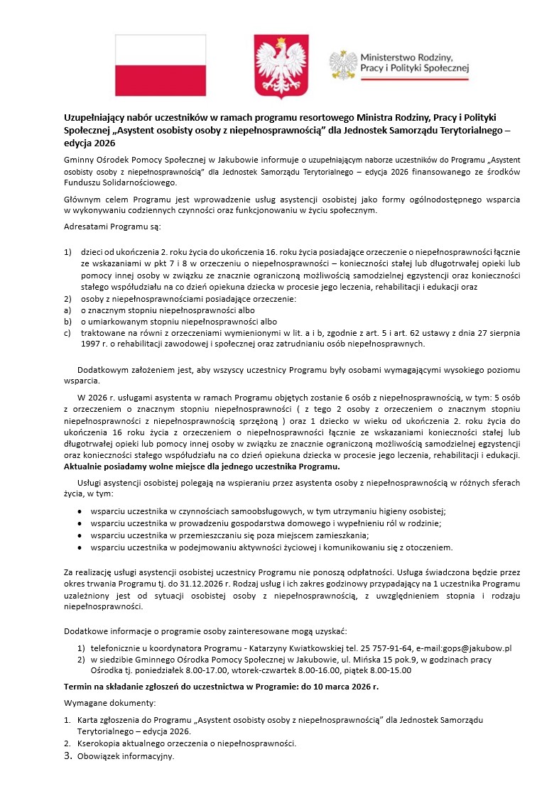 Plakat rekrutacyjny na program asystencki dla osób z niepełnosprawnościami, z logo Ministerstwa i flagą Polski. Dominują biel i czerwień, tekst czarny, tło białe. Szczegóły dotyczą kwalifikacji i sposobu aplikacji.