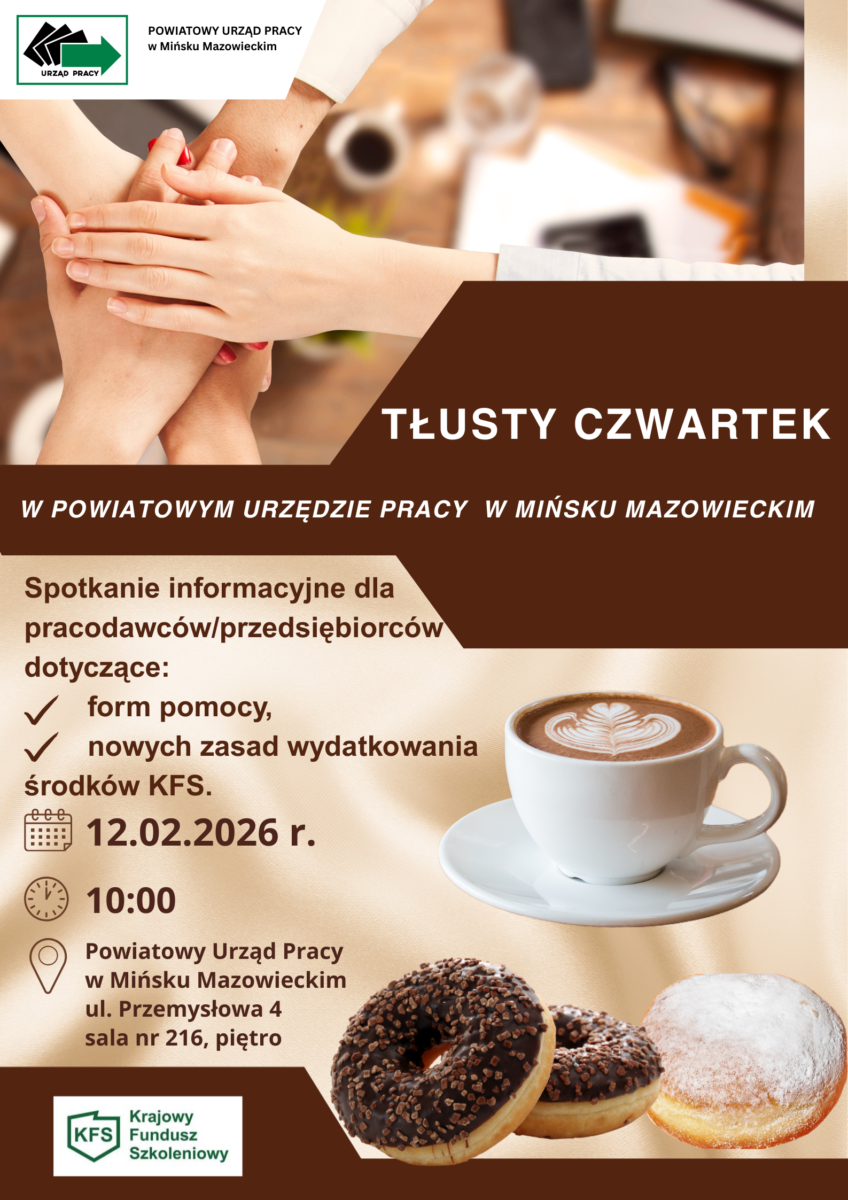 Obrazek informuje o wydarzeniu Tłusty Czwartek w urzędzie w Mińsku Mazowieckim. Widoczne dłonie na stole, filiżanka kawy, donuty. Dominują brązy i beże.
