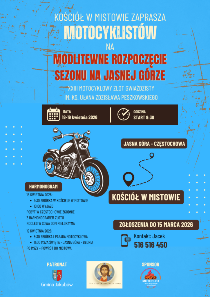 Plakat w jasnoniebieskim kolorze z grafiką motocykla zachęca do uczestnictwa w modlitewnym rozpoczęciu sezonu. Zawiera szczegóły dotyczące daty (18-19 kwietnia 2026) oraz miejsca (Jasna Góra, Częstochowa).