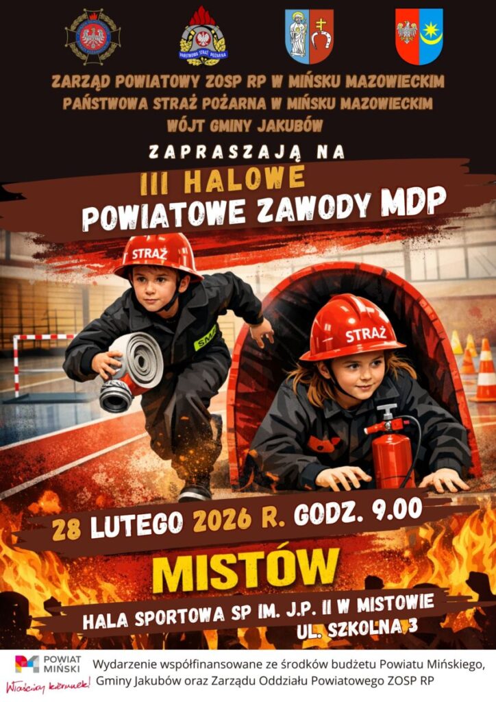 Plakat przedstawia dzieci w kaskach strażackich, jedno trzyma wąż, drugie gaśnicę. Dominują kolory czerwony i pomarańczowy. Tło to hala sportowa z płomieniami na dole.