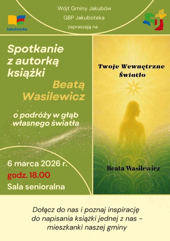 Spotkanie z autorką książki 6 marca 2026 o 18:00, zielone tło. Obok okładka z sylwetką na żółtym tle. Sala senioralna.