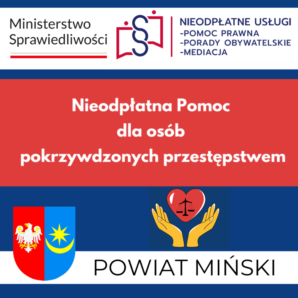Ministerstwo Sprawiedliwości oferuje bezpłatną pomoc prawną na czerwonym tle. Nad i pod napisem znajdują się logotypy instytucji. W tle dominuje granatowy kolor.