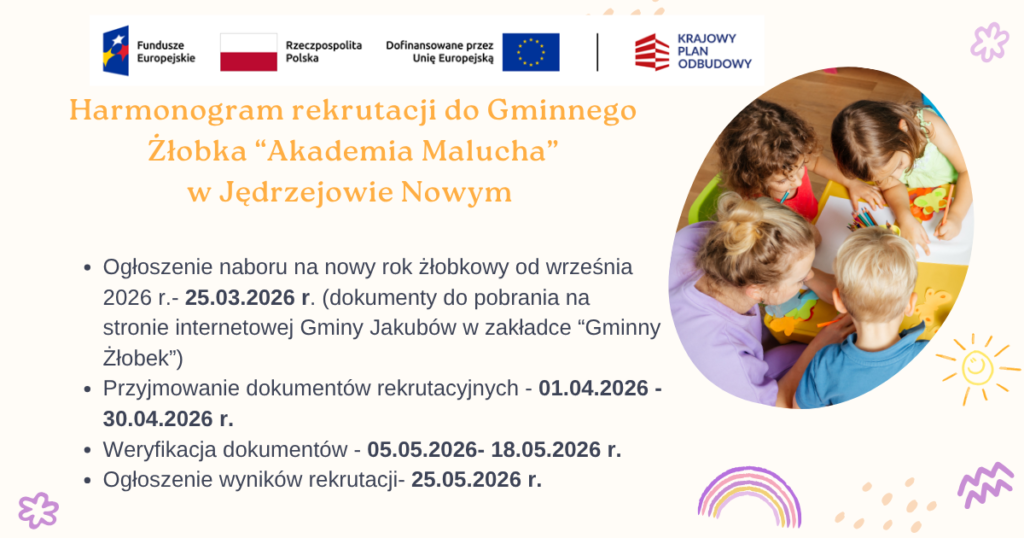 Rekrutacja do żłobka Akademia Malucha w Jędrzejowie Nowym. Kolorowy harmonogram z dziećmi przy stole na jasnym tle. Informacja o terminach składania i weryfikacji dokumentów.
