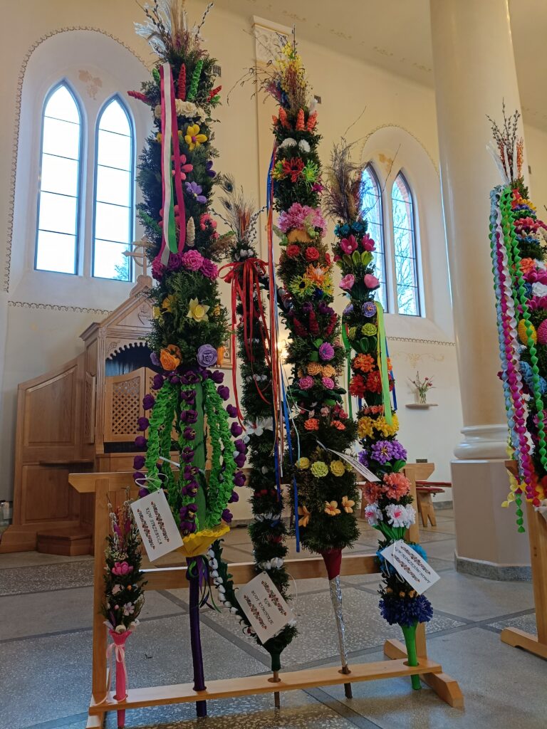 Kolorowe, wysokie palmy wielkanocne stoją w kościele z gotyckimi oknami. Dekoracje z kwiatów i wstążek w żywych kolorach. Tło jasne, widać drewniane elementy wnętrza.