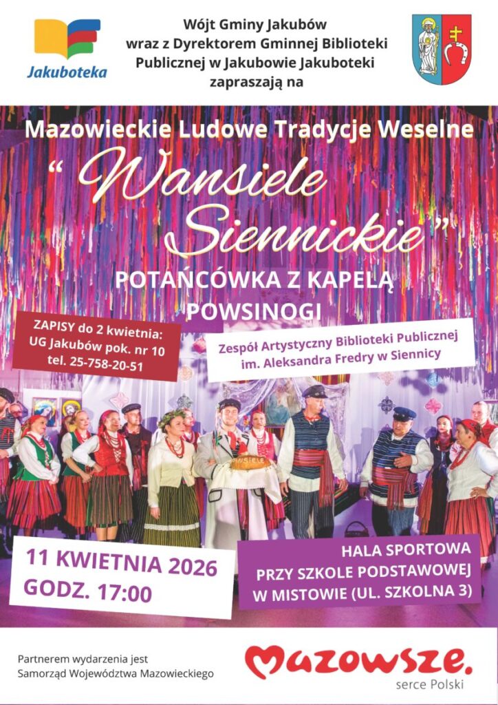 Plakat zapowiada imprezę Wansiele Siennickie. W tle kolorowe dekoracje, a na pierwszym planie ludowe stroje. Data: 11 kwietnia 2026.
