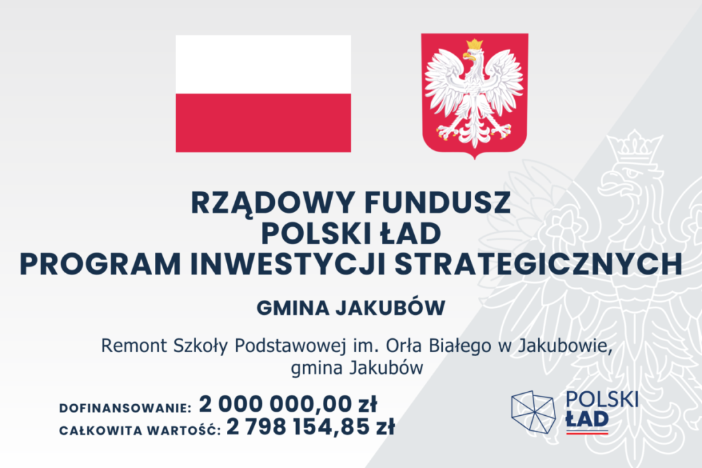 Obraz przedstawia flagę Polski i godło z napisem o funduszu rządowym. Tło jest jasnoszare z logo „Polski Ład” w rogu. Informuje o inwestycji w szkole w Jakubowie.