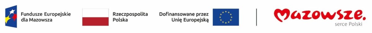 Obraz przedstawia cztery logotypy na białym tle. Zawiera elementy w kolorach niebieskim, czerwonym, żółtym i granatowym. Logotypy związane są z funduszami unijnymi dla Mazowsza.