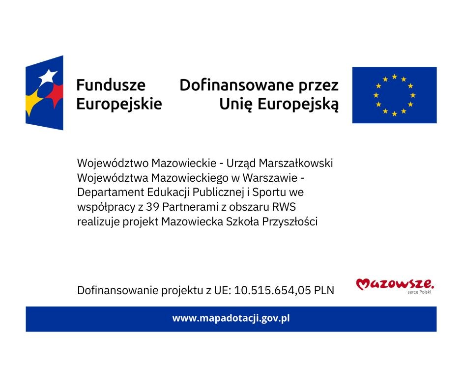 Baner z napisem o funduszach europejskich na białym tle, flaga UE po prawej i logo województwa mazowieckiego w kolorach niebieskim i czerwonym.